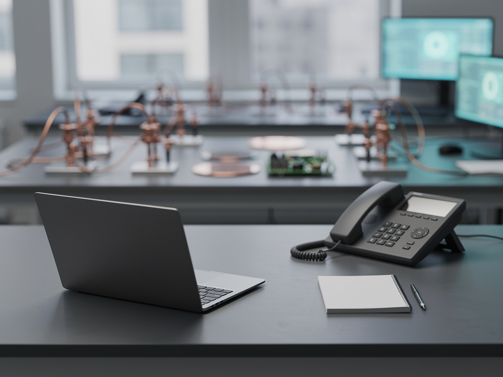 A tidy support desk with a closed laptop, a desk phone and a notepad on a graphite surface, lab benches softly blurred b