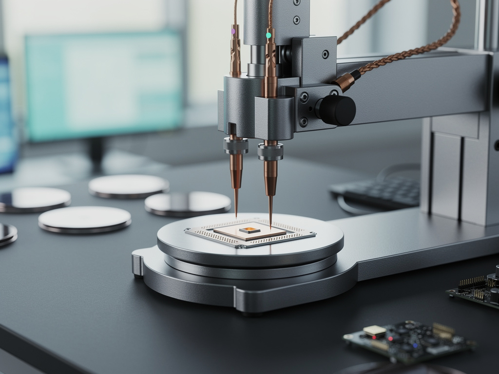 A wafer probe station on a clean bench with copper probe needles poised over a test die.