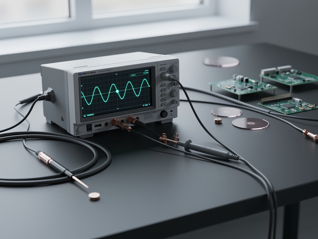 An oscilloscope on the bench displaying a clean sine waveform in cyan, cables neatly routed.
