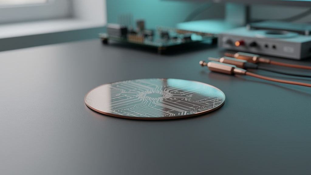 A polished silicon wafer on a graphite bench, its die pattern catching cool light with a faint copper reflection.