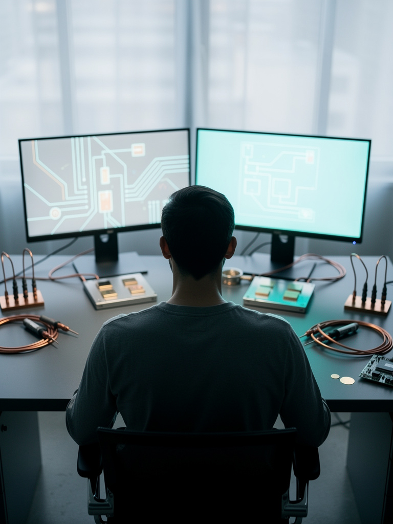A design engineer seen from behind at a dual-monitor workstation showing abstract circuit schematics, face out of frame.